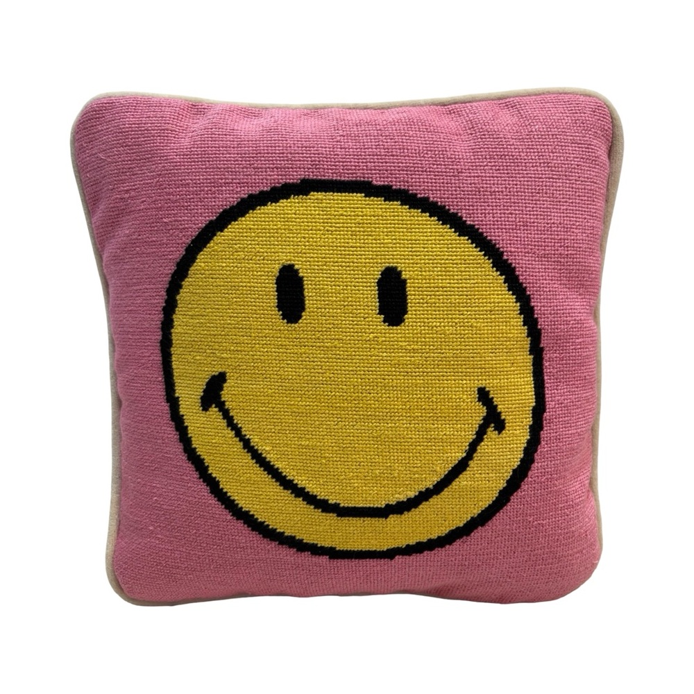 Smathers & Branson Smiley Needlepoint Pillow Pink Yellow Licensed Smiley Face‎